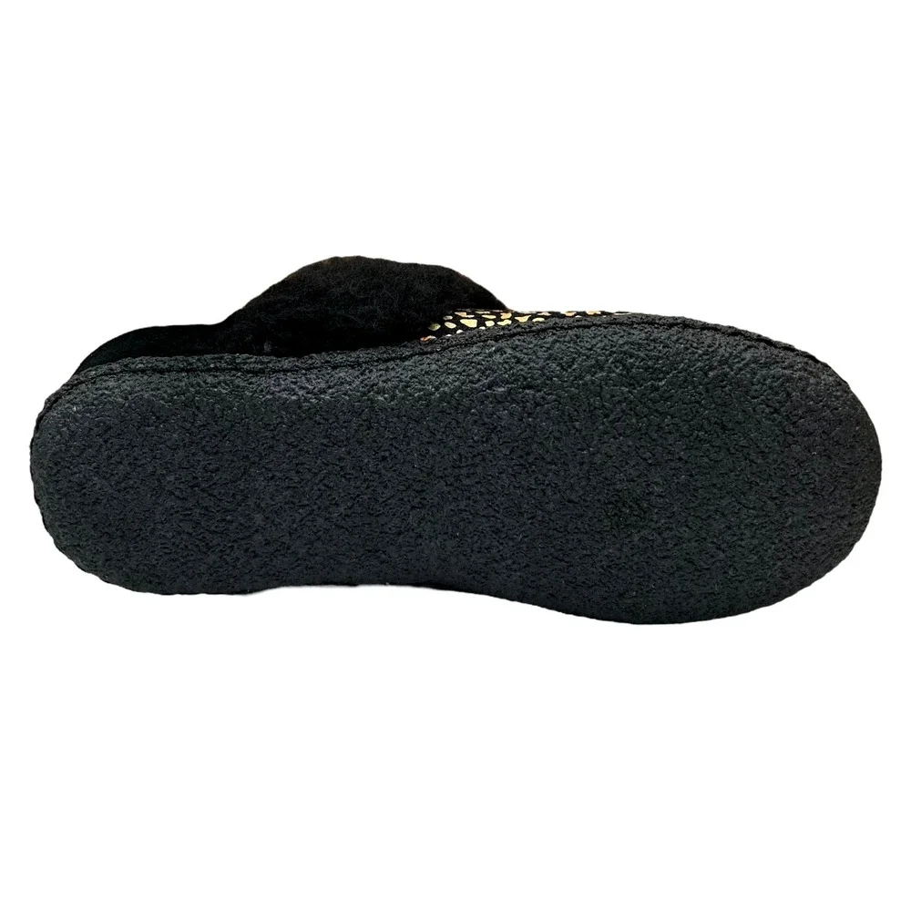 SOREL Nakiska Youth‎ Girls Faux Fur Slippers Size 2 Black Gold Animal Print Warm